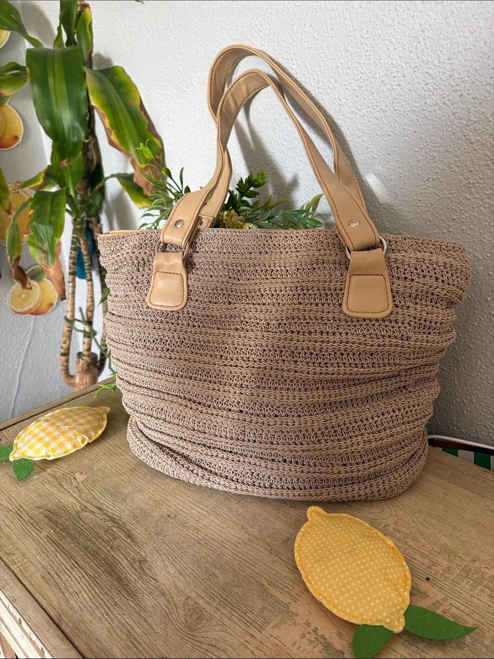 Bohemian Raffia Beige Woven Tote Bag with Flower Charm